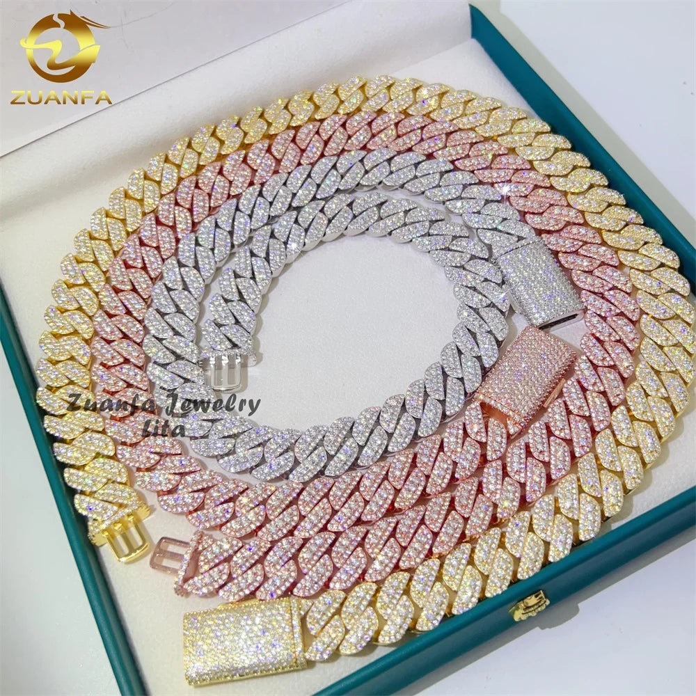 Hot Sale Fashion Style Heavy 925 Sterling Silver Iced Out Moissanite Hip Hop Jewelry 15mm Cuban Link Chain