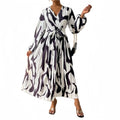 Spring Summer Women A-line Dress Long Sleeve V-neck Pleated Casual Dress Belted Lady Printed Maxi Dress