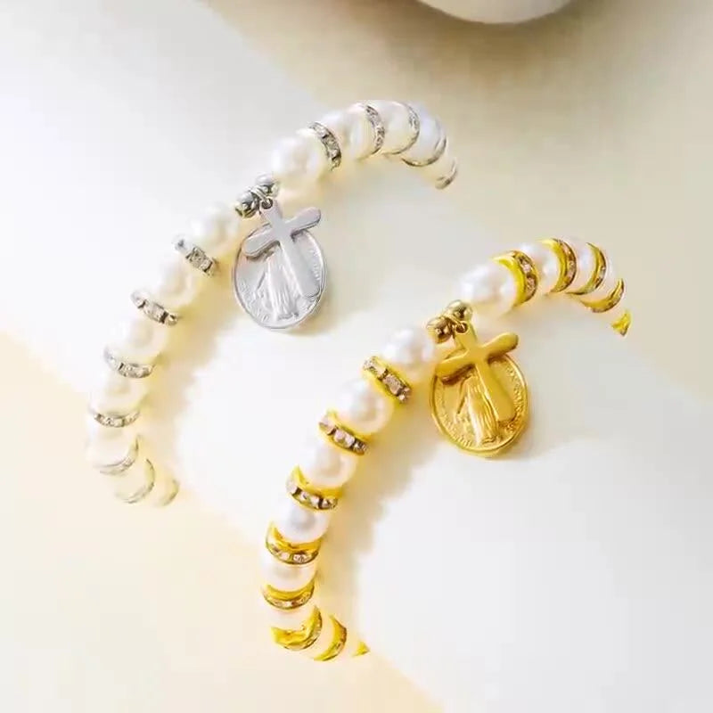 Religious Jewelry Christian Imitation Pearl Alloy Madonna Cross Handmade Bead Bracelet