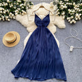 Feminine V-Neck Sleeveless Pleated Spaghetti Strap Backless Blue Long Elegant Dresses