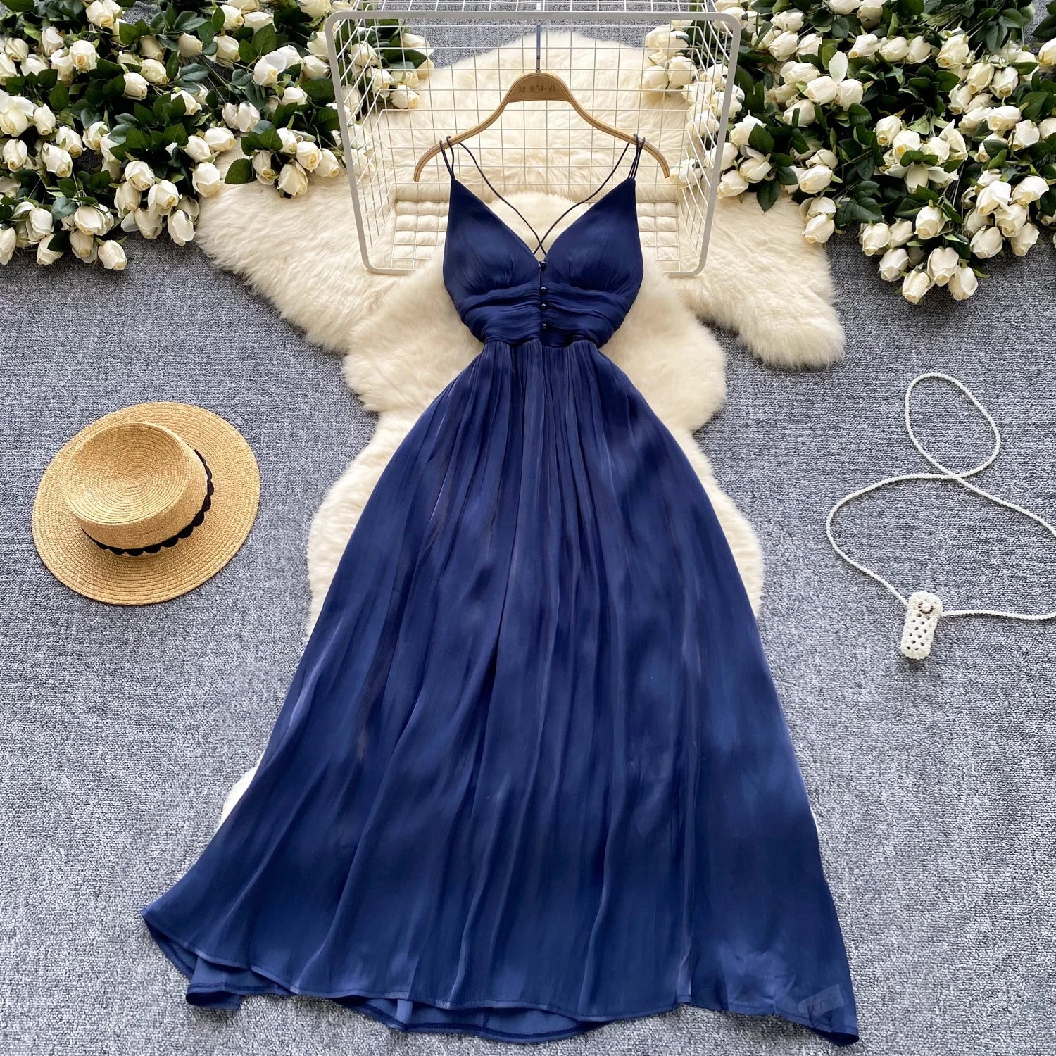 Feminine V-Neck Sleeveless Pleated Spaghetti Strap Backless Blue Long Elegant Dresses