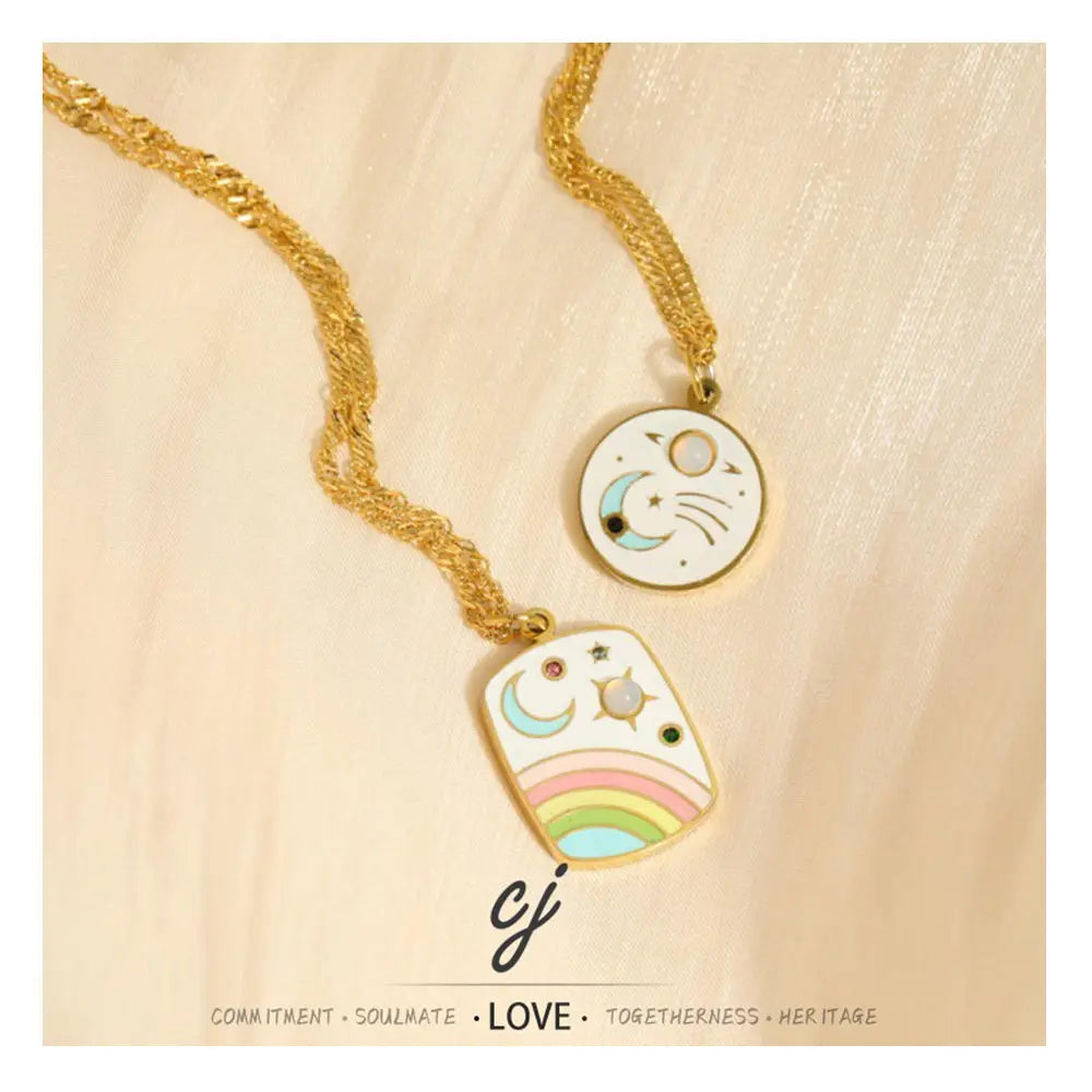 Carline Jewelry Star MooN Pendant Necklace Stainless Steel Trendy 18K Gold Plated Rainbow Necklace Custom for Women Girls