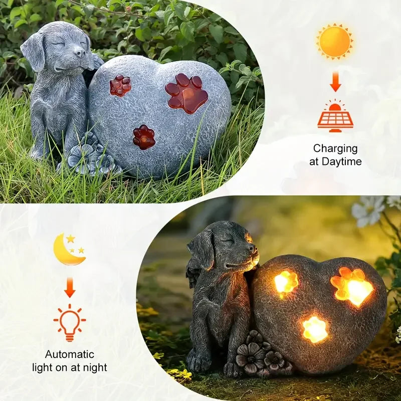 Charming Heart-Shaped Winged Puppy Dog Statue with Paw Prints Resin Outdoor Garden Decor Pet Lover Easter Gift Gray White Design