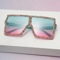 2025 New Arrival Women's Oversized Square Frame Sunglasses with Pink Diamond Inlaid UV400 Protection Integrated Lenses