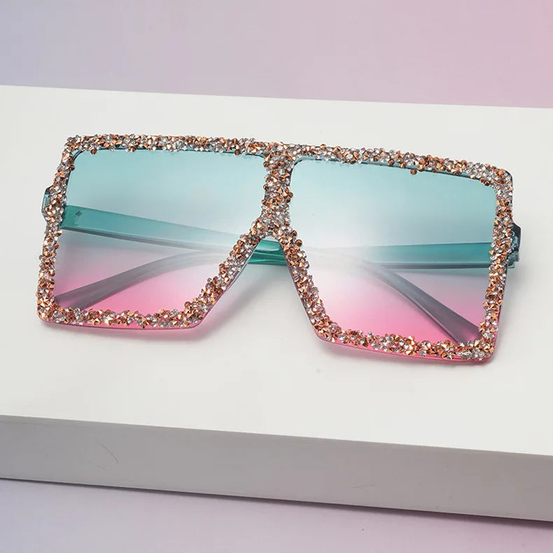 2025 New Arrival Women's Oversized Square Frame Sunglasses with Pink Diamond Inlaid UV400 Protection Integrated Lenses