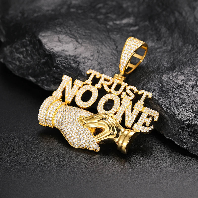 Factory Wholesale 925 Sterling Silver Trust No One Refusal Shaking Hand Pendant Hip Hop Iced Out Letter Pendant for Men MegaBDM