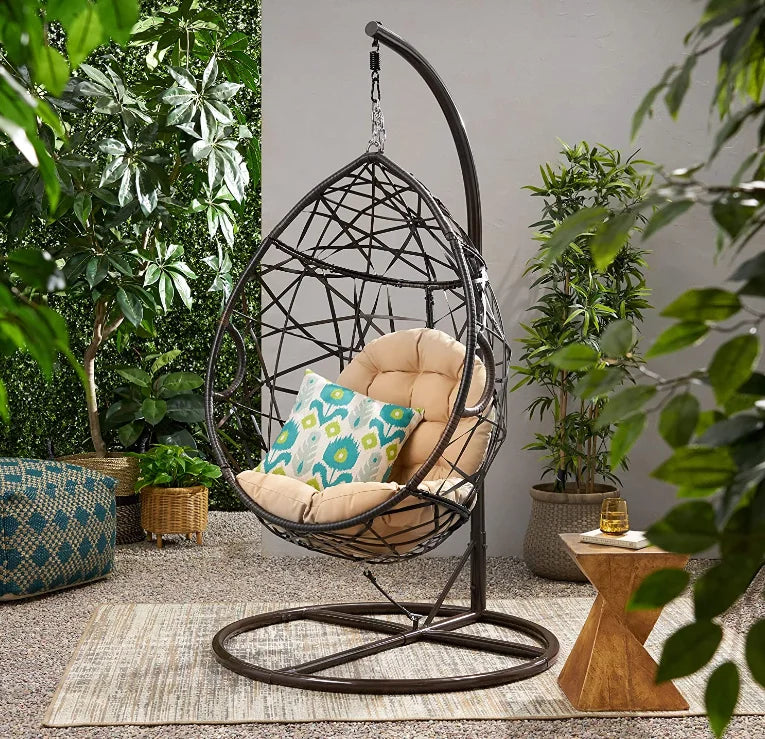 WOQI New Design Brown Rattan Swing Chair Hanging Egg with Steel Stand for Camping Chair