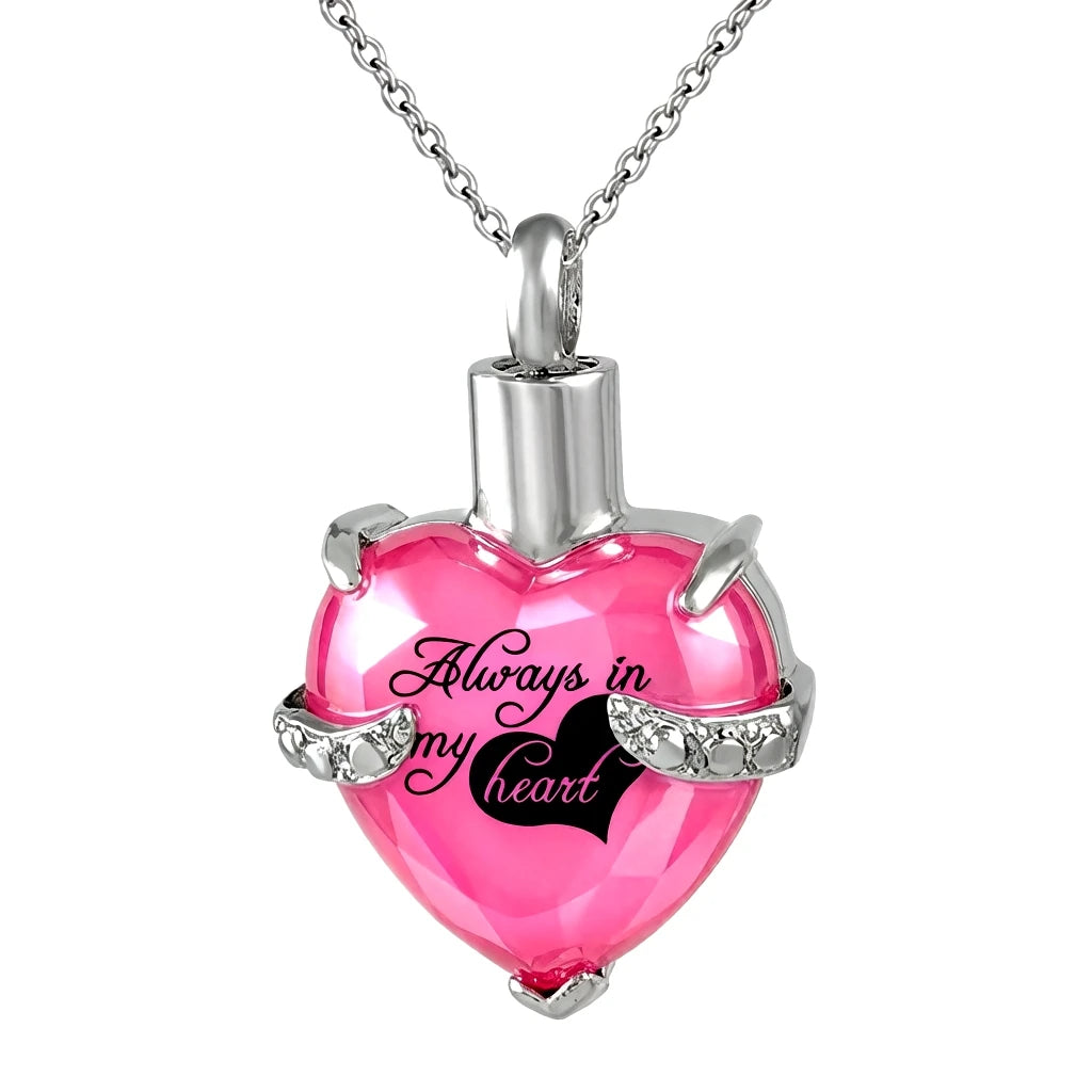 Stainless Steel Heart Stone Pink Birthstone Cremation Urn Pendant Keepsake Necklace Ashes Casket Memorial Pet Human Urn Cinerary