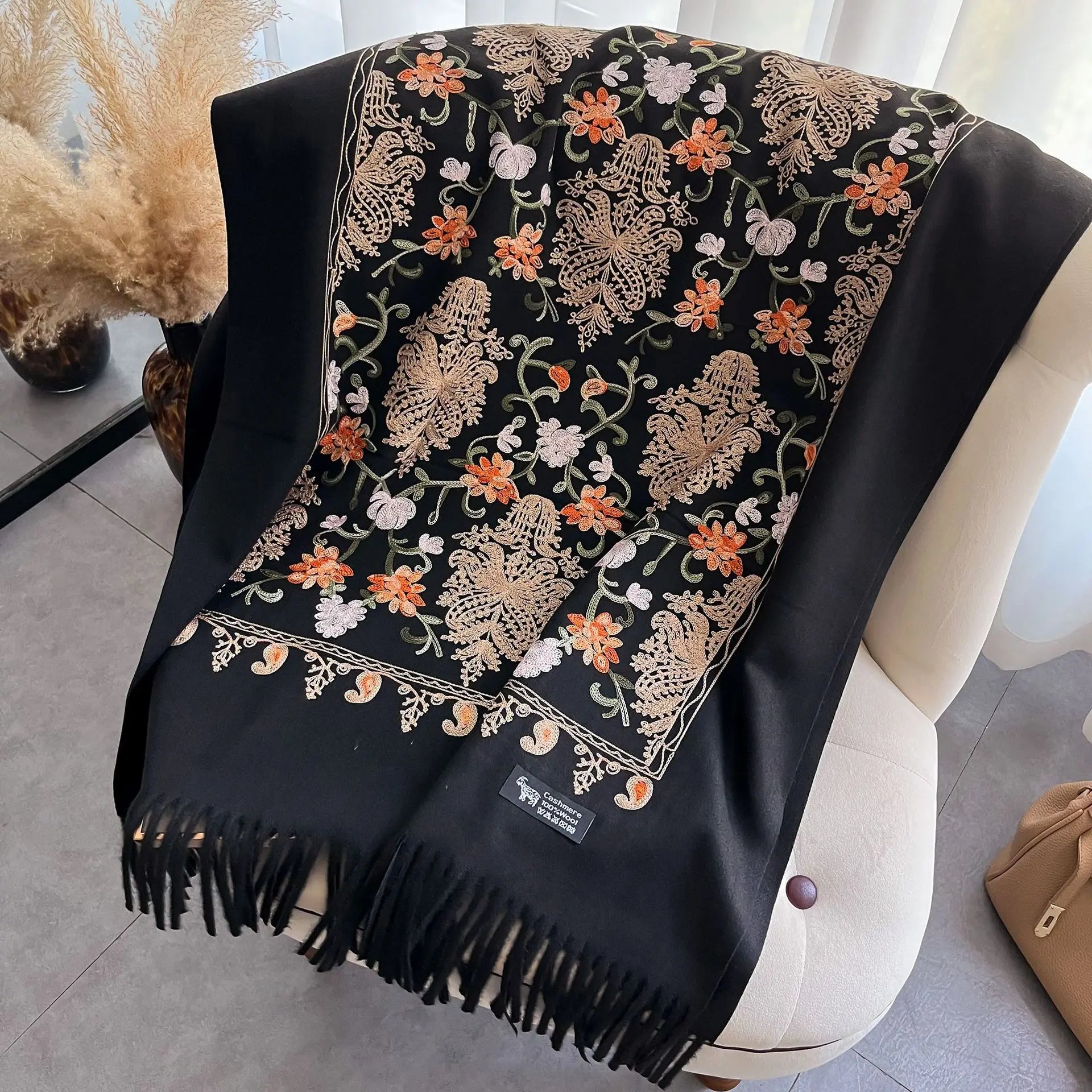 New Long Fringe Shawls Soft Pashmina Scarf Women Floral Embroidery  Cashmere Scarf Ethnic Style Winter Warm Shawl