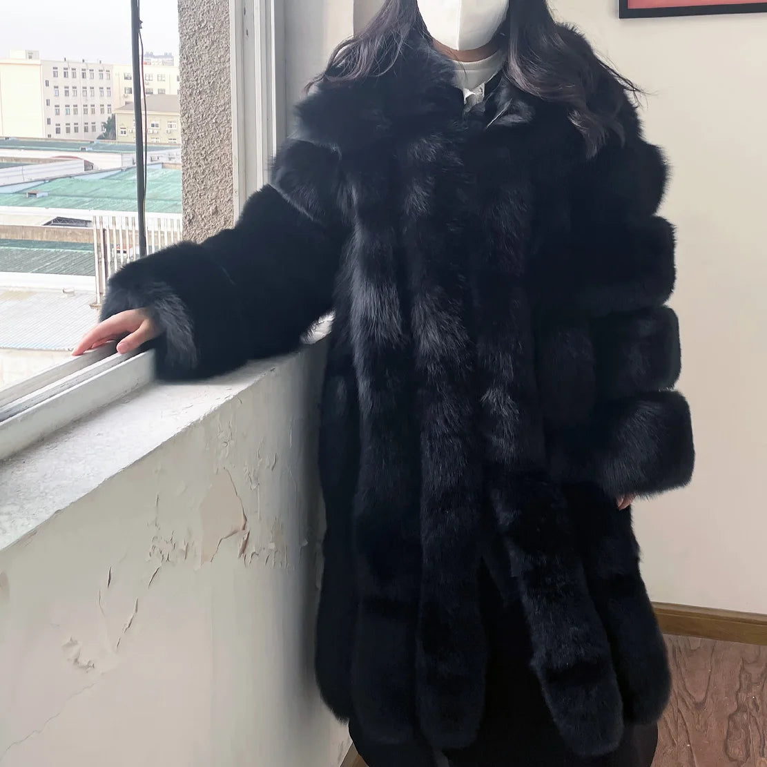 QIUCHEN QC21167 Casual Fashionable Fluffy Hooded Coat Color Customization Ladies Women's Winter Warm Breathable Long Fox Fur
