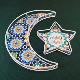 Metal Crafts Muslim Moon Stars Dessert Plates Ramdan Mubarak Trays Gift Sets for EID Mubarak Ramadan Decorations XJ0429