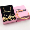 Qiuhan Custom Name Necklace Flower Hoop Earrings Stainless Steel Bangle Personalized Name Set
