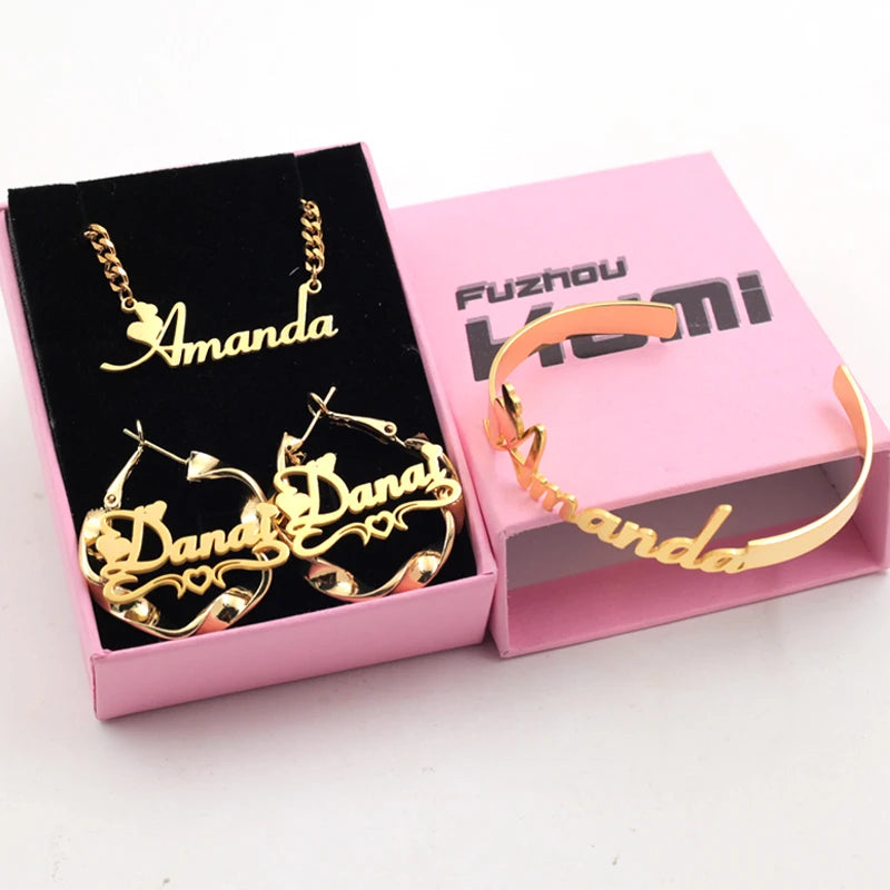 Qiuhan Custom Name Necklace Flower Hoop Earrings Stainless Steel Bangle Personalized Name Set