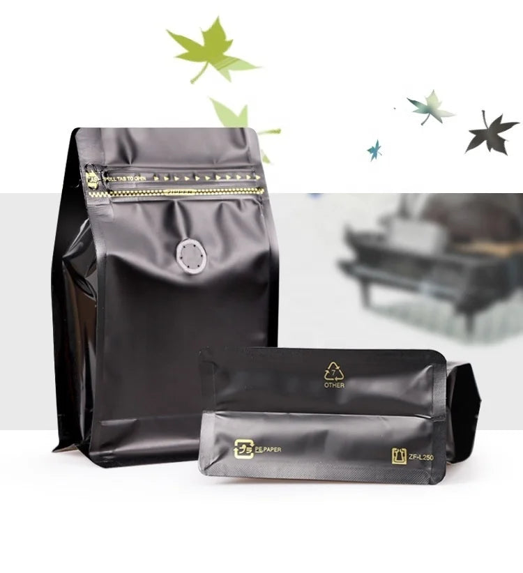 2026 New Composable Aluminum Foil & Plastic Ziplock Stand-Up Flat Pouch Black Kraft Paper Bag Coffee Packaging with Tin Tie