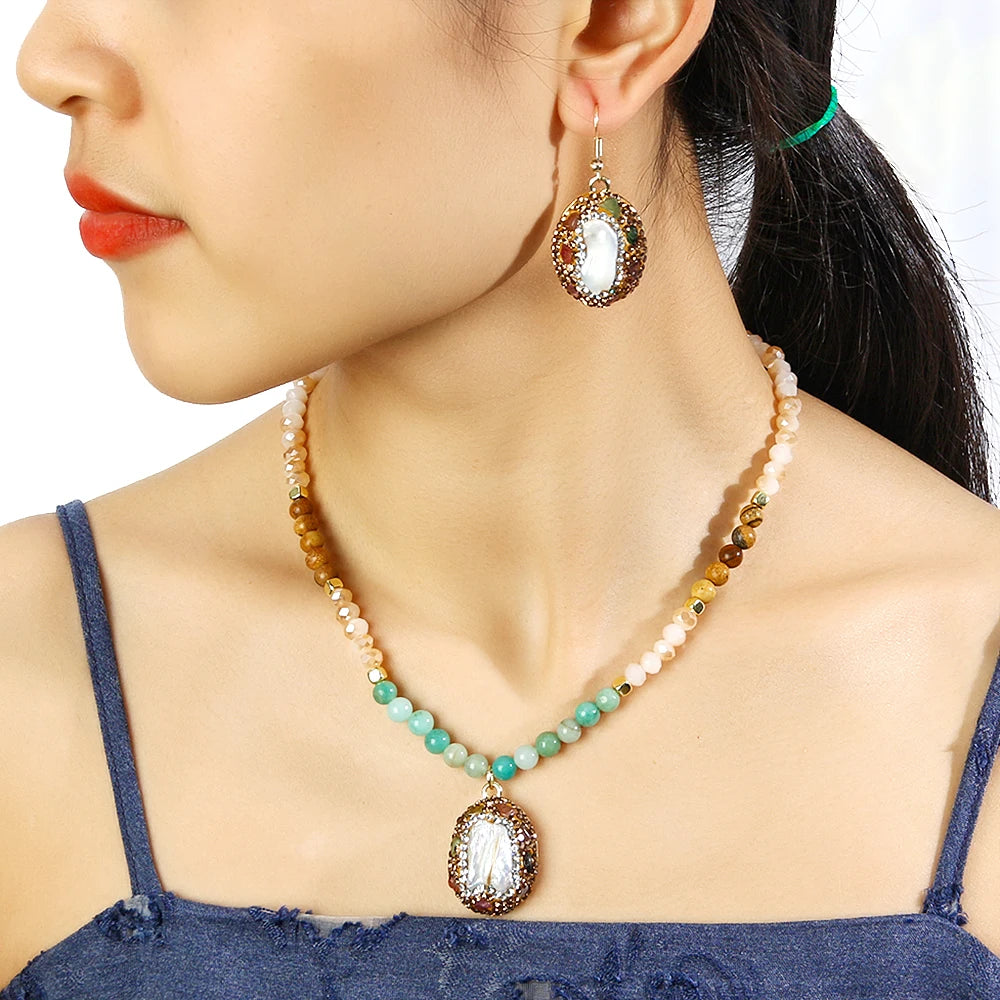 Summer Bohemian Style Jewelry 6mm Natural Stone Glass Beaded Choker Necklace Earrings Shiny Tourmaline + Baroque Pearl Pendant