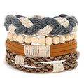 Hot Sale 4pcs/set Vintage Braided Leather Bracelets & Bangles Multilayer Wooden Bead Men's Fashion Charm Bracelets