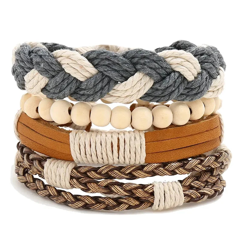 Hot Sale 4pcs/set Vintage Braided Leather Bracelets & Bangles Multilayer Wooden Bead Men's Fashion Charm Bracelets