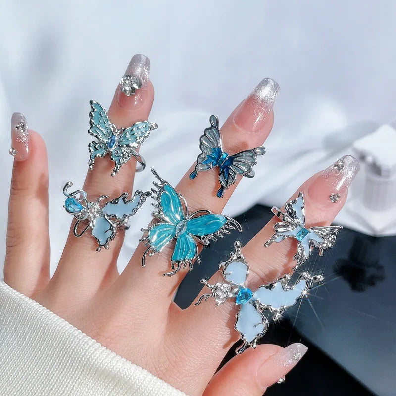 Luxury Women's Ring Adjustable With Blue Butterfly Rings Female Romantic Birthday Elegent Gift Simple Gilr Jewelry Fashion 2024