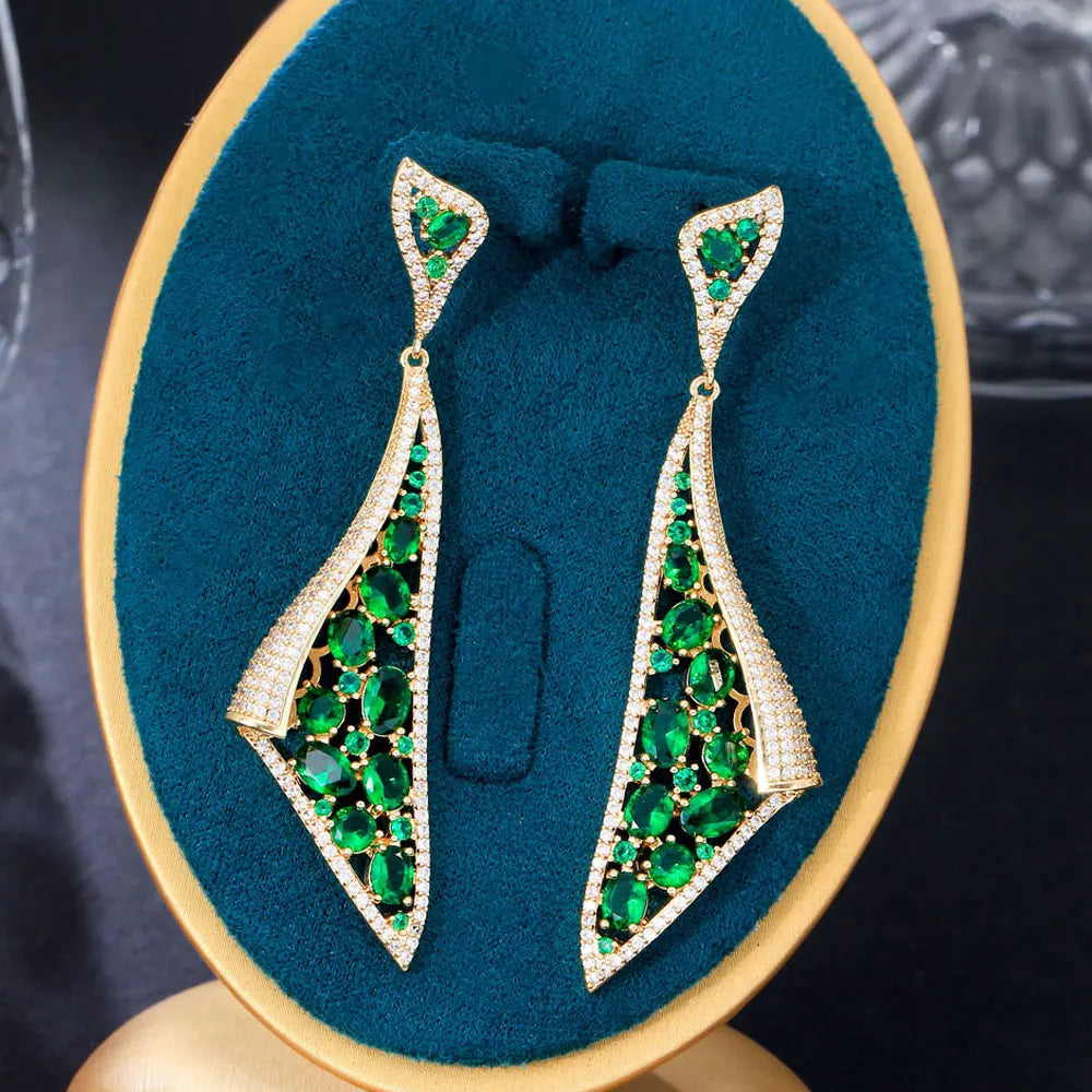 Dropshipping Symmetrical Creative Brazilian Gold Plated Green Cubic Zircon Long Dangle Pageant Long Earring for Women Party Wear