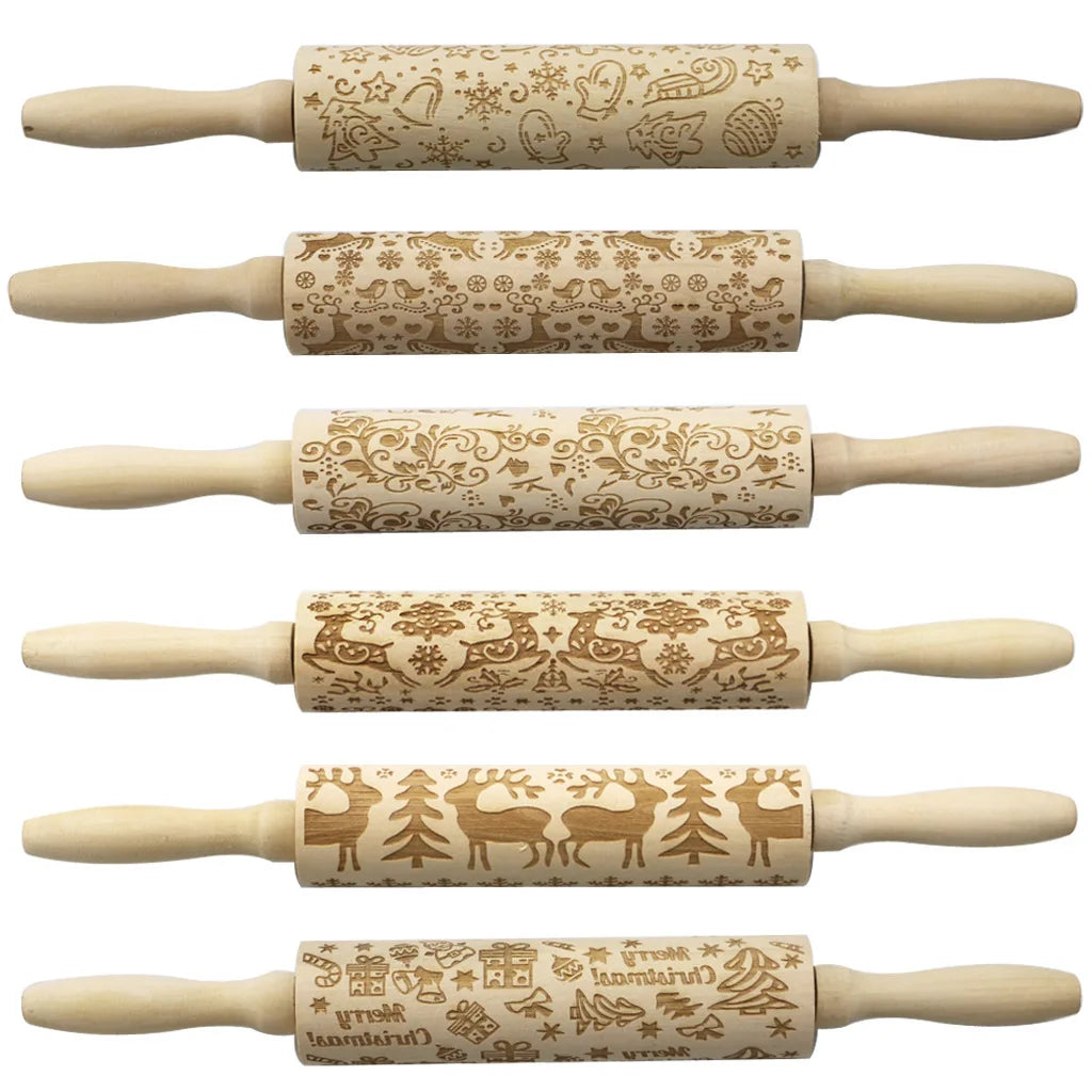 Baking Cookies Laser Engraving Wooden Roller Spring Flower Snowflake Christmas Embossed Embossing Rolling Pins With Patterns