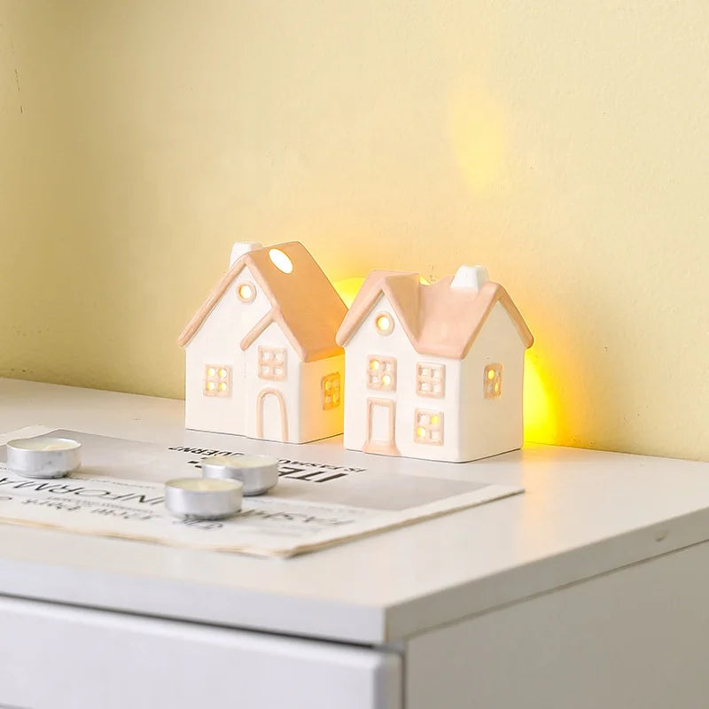 Exquisite Nordic Pink Ceramic House Shape Tea Light Candle Holder Handmade Hollow Candlestick Home Decoration