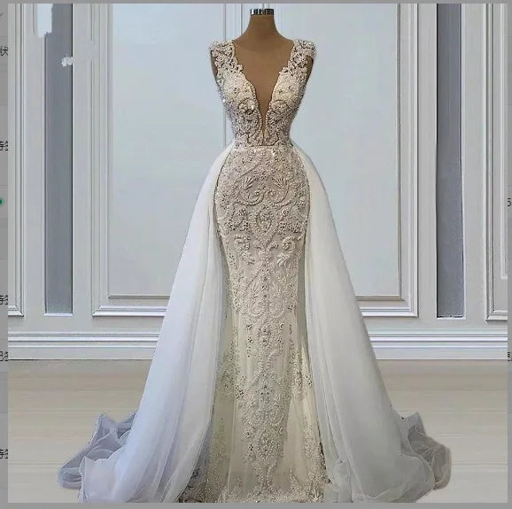 S0072H High Quality Mermaid Wedding Dress for Brides Simple Deep V-Neck Embroidered Lace Royal Style Detachable Sexy Features