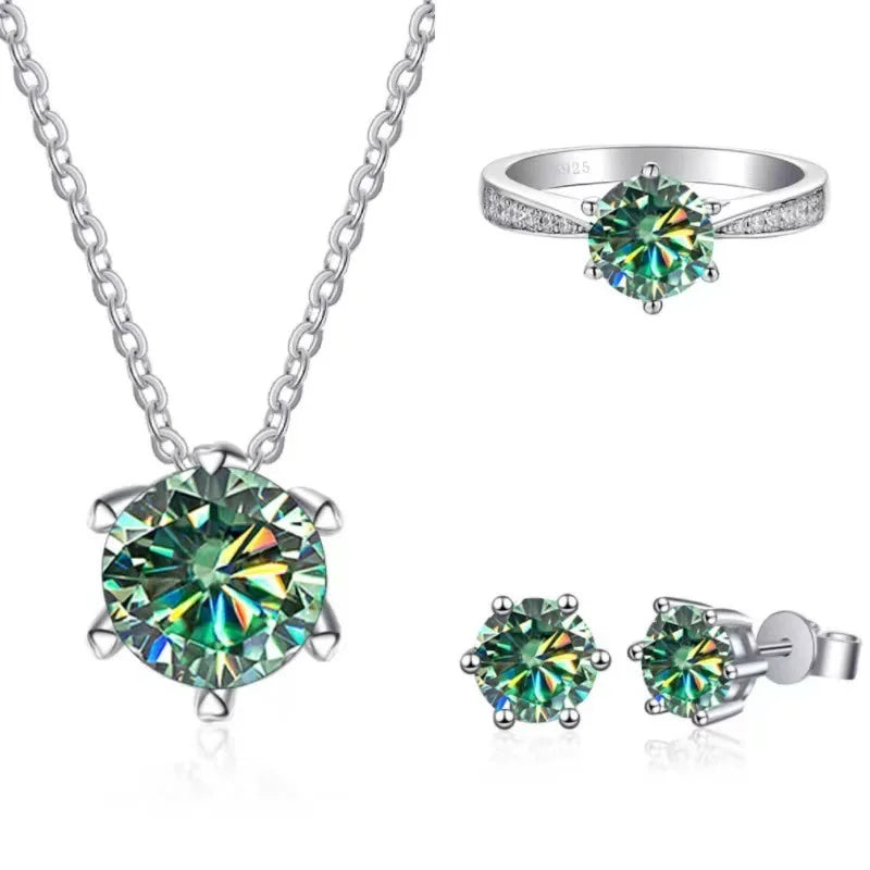Fashionable Moissanite Jewelry Color Three-piece Set Necklace Ring Forehead Earrings 925 Silver