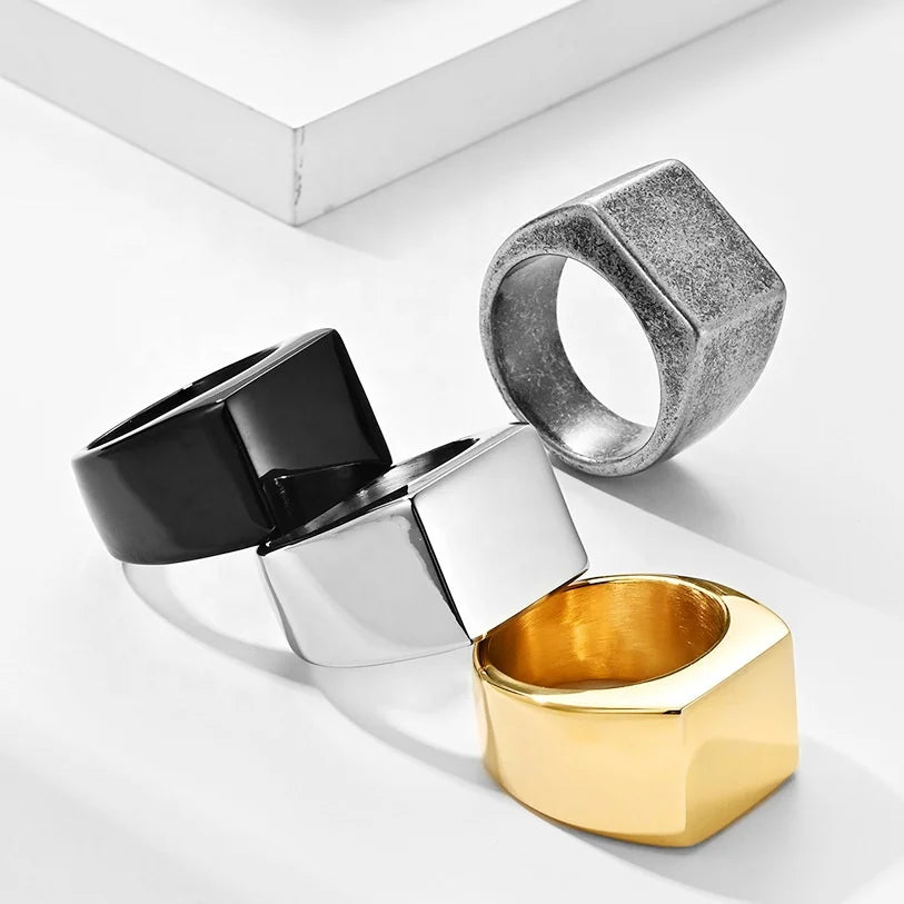 Top Quality Punk Men's Signet Finger Rings Jewelry Gold Silver Black Stainless Steel Ring Blanks