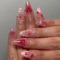 Wholesale 3824 Red Lip Print French Pink Almond Nails False Nails Press on Nails Artificial Fingernails Customize