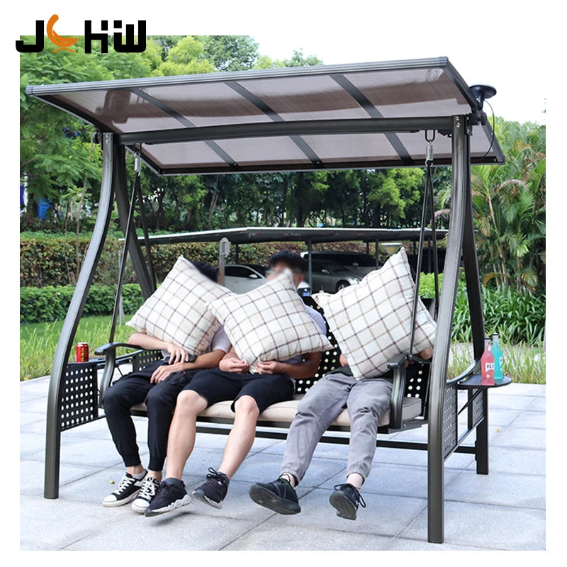 Deluxe Patio Furniture Aluminium Swing Chair with Led Light Metal Garden Hanging Bed with Cushions