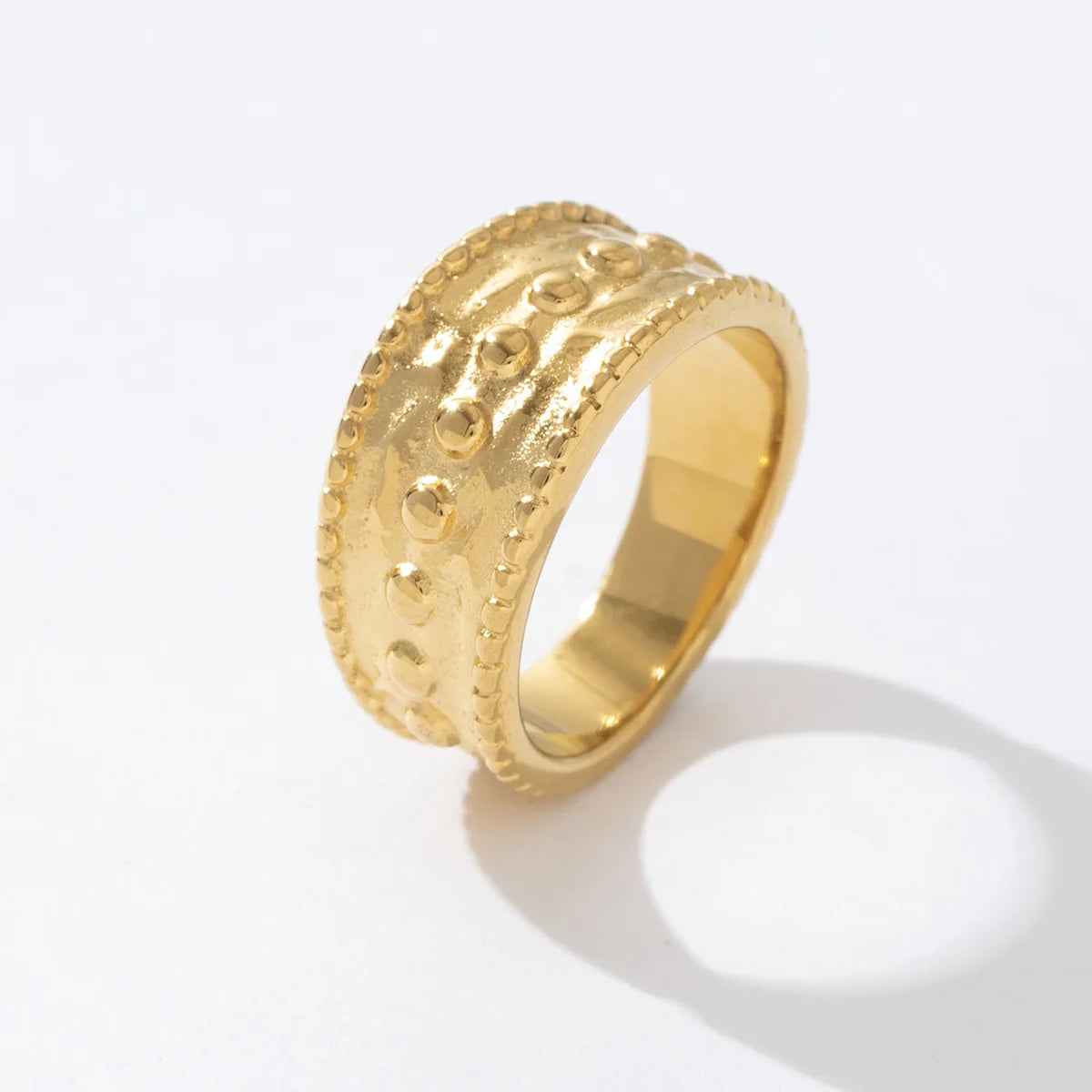 Trendy Fashion Stainless Steel Jewelry Gold Plated Textured Wide Waterproof Chunky Ring for Women