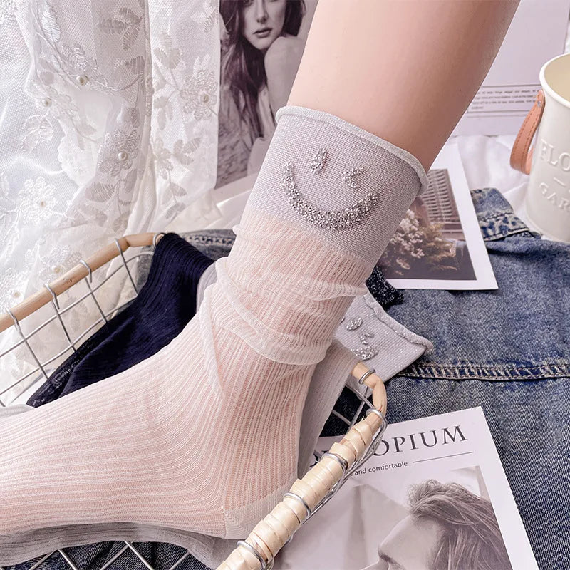 Summer Fashion Women's Mid-Tube Silky Socks Crew Length Luxury Knitted Breathable Quick Dry Daily