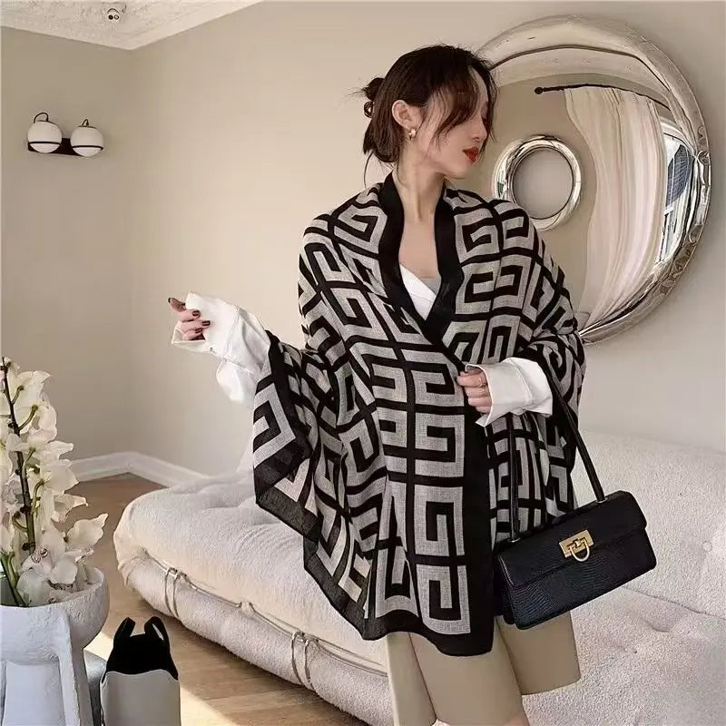 European American Style Women's Long Letter Plaid Scarf New Spring Autumn Fashion in Chiffon Polyester Winter Summer Silk Scarf