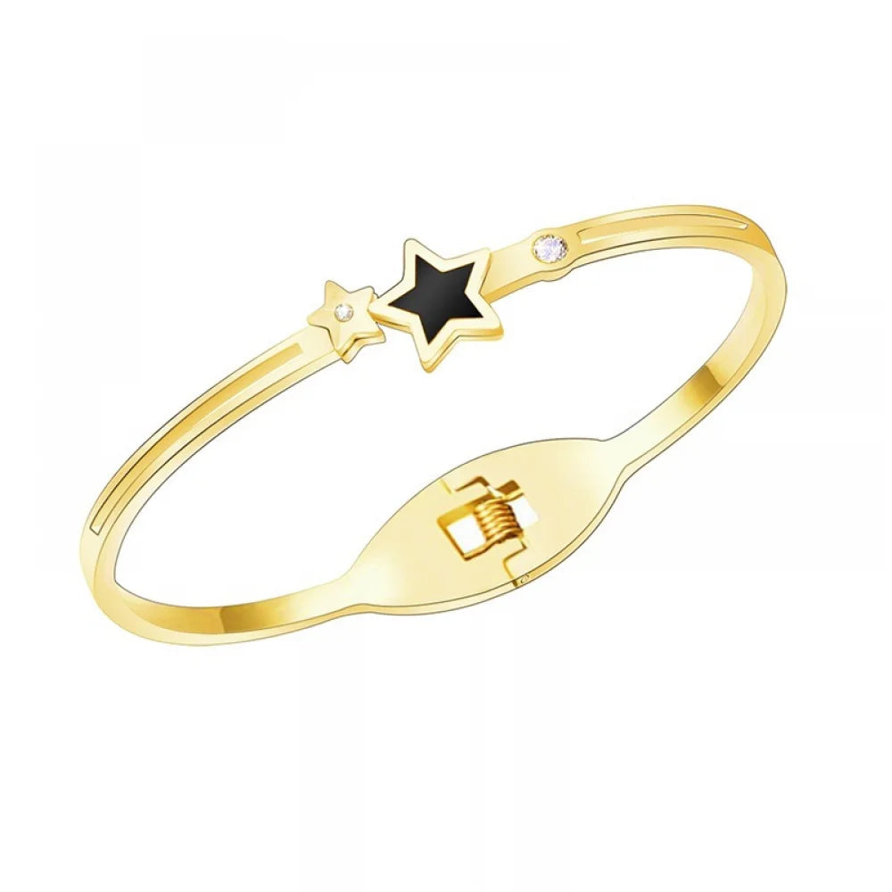 New Design 18K Gold Plated Quartz Star Bangles Stainless Steel Zircon Double Star Charm Bracelet Bangle