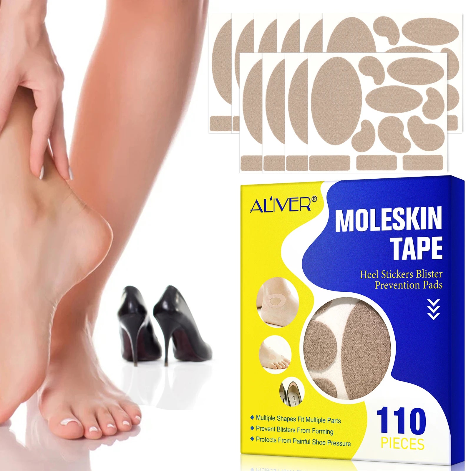 ALIVER 110 Sheets Moleskin Adhesive Padding Stickers Anti Abrasion Patch Blister Prevention Tape for Feet Heels