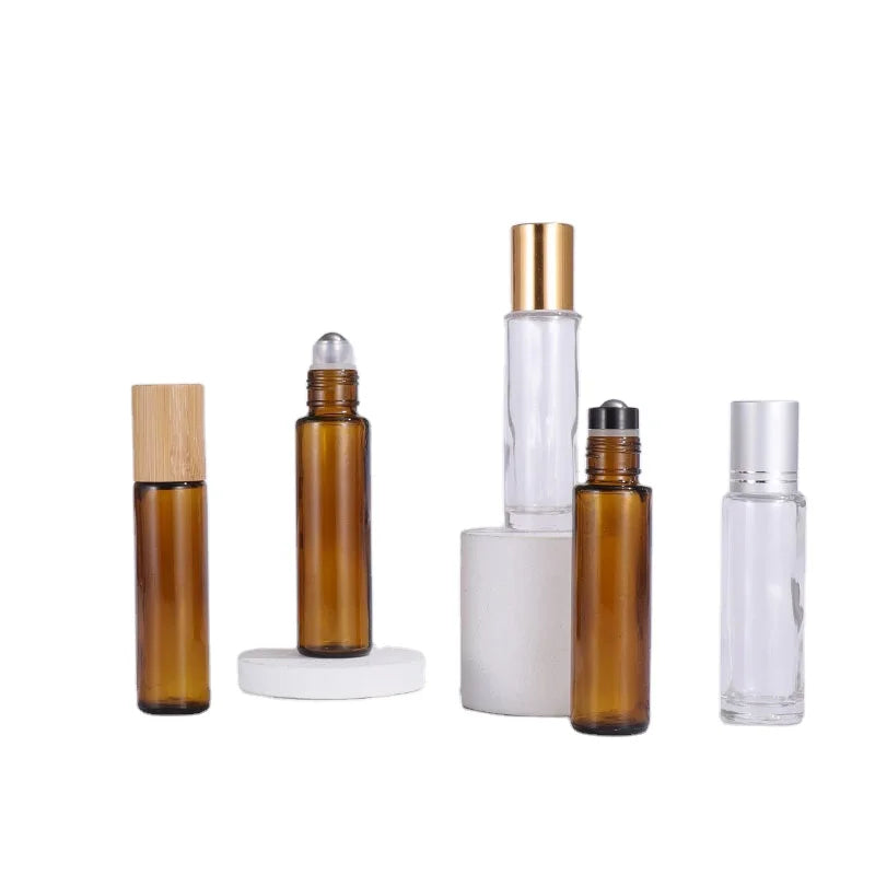 In Stock 10ml Essential Oil Bottle Bamboo Top Eye Cream Roll on Glass Bottle With Stainless Steel Roller Ball