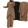 PROMISTAR Women Casual Two-Piece Muslim Suit Spring Fall Winter Summer Long Sleeves O-Neck Lace Decoration Loose Breathable Set