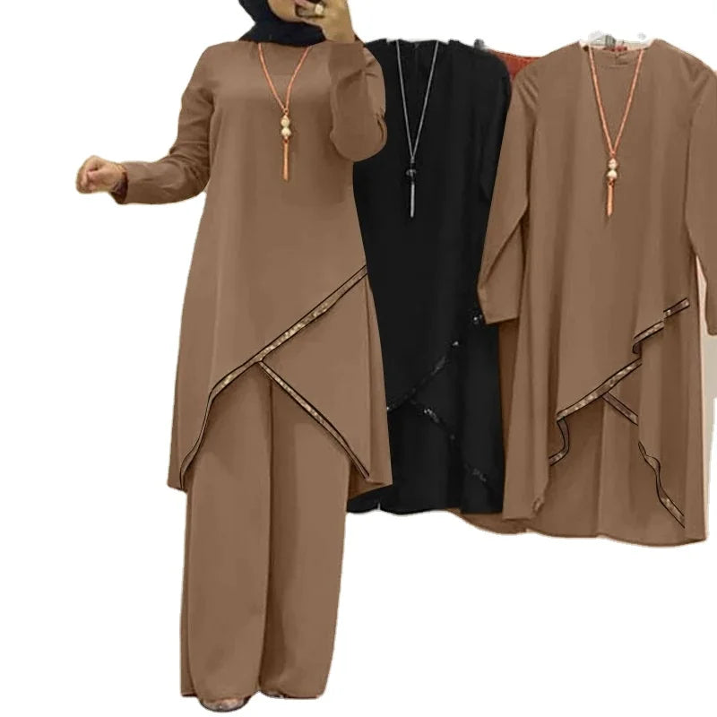 PROMISTAR Women Casual Two-Piece Muslim Suit Spring Fall Winter Summer Long Sleeves O-Neck Lace Decoration Loose Breathable Set