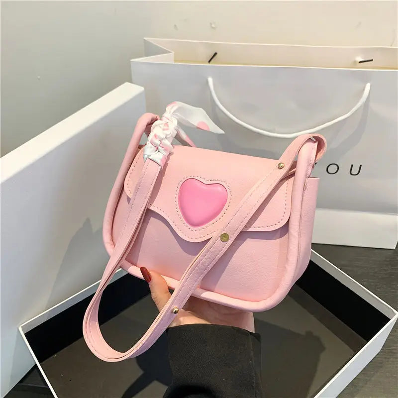 Ribbon Decoration Women's Sweet Shoulder Bag Soft PU Leather Female Crossbody Bags Simple Heart Design Ladies Tote Handbags