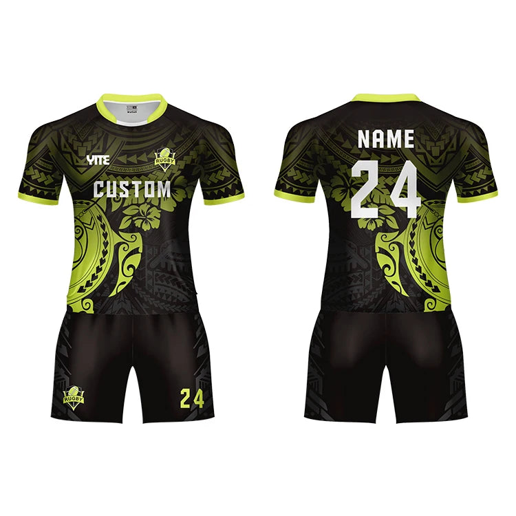 100% Polyester All Black Printed Breathable Rugby Jersey Uniform Set with Custom Team Logo and Number