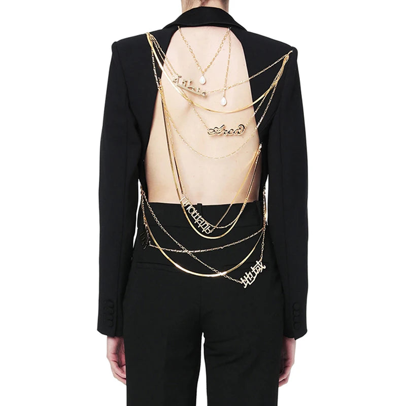 TWOTWINSTYLE Blazer Coats Female Sexy Backless Chain Blazer for Women Notched Collar Long Sleeve Casual