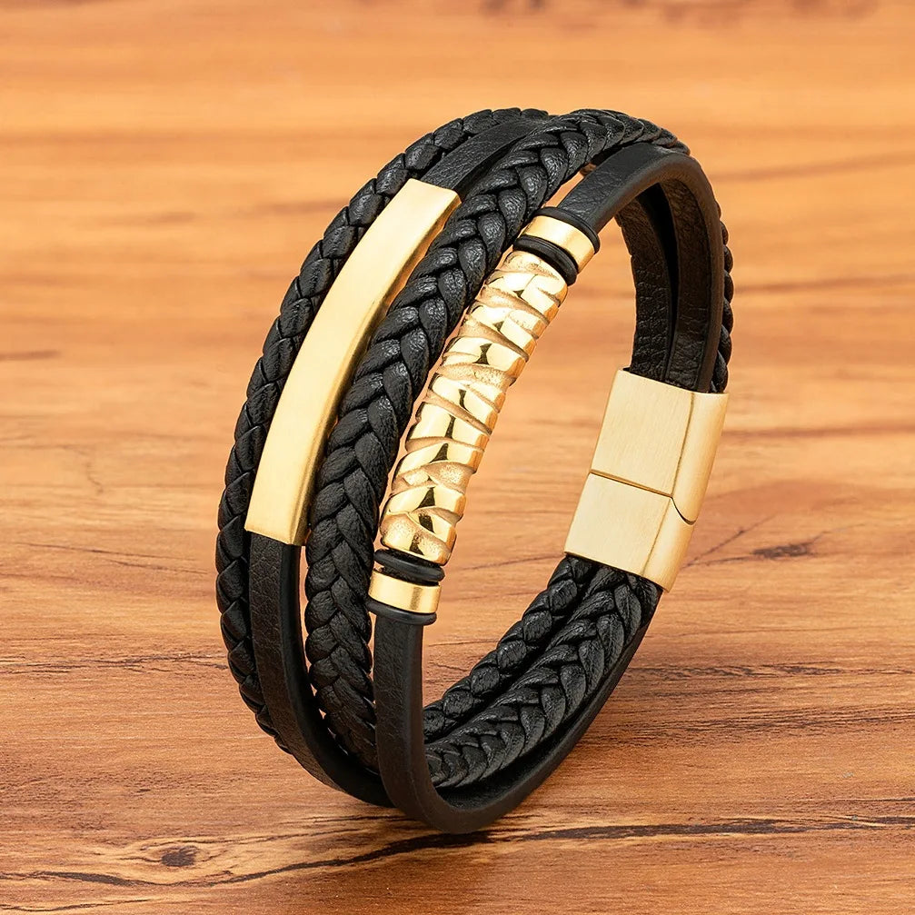 Punk Design Genuine Leather Bracelet Black Rope Leather Bracelet With Stainless Steel Magnetic Clasp Wholesale Customize OT-316