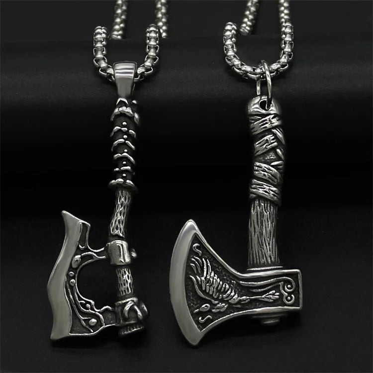Vintage Punk Viking Double Sides Axe Necklace Jewelry Nordic Silver Stainless Steel for Men Necklaces 18K Gold Plated Box Chain