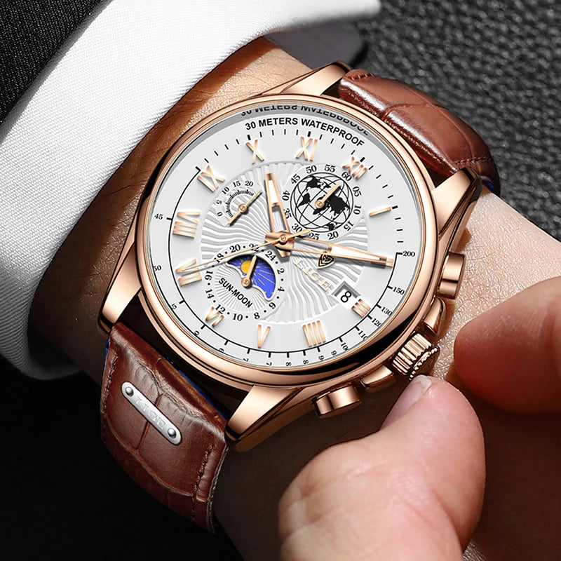 LIGE LG8975 Watch Factory Fashion Quartz Men Watches Luxury Waterproof Luminous Date Man Clock Leather Sport Men's Wrist Watch
