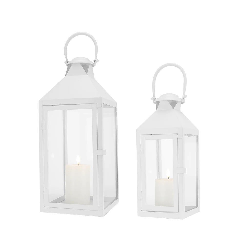 Set of 2 Antique White Lanterns Metal Candle Lanterns Hanging Ring for Rustic Home Decor