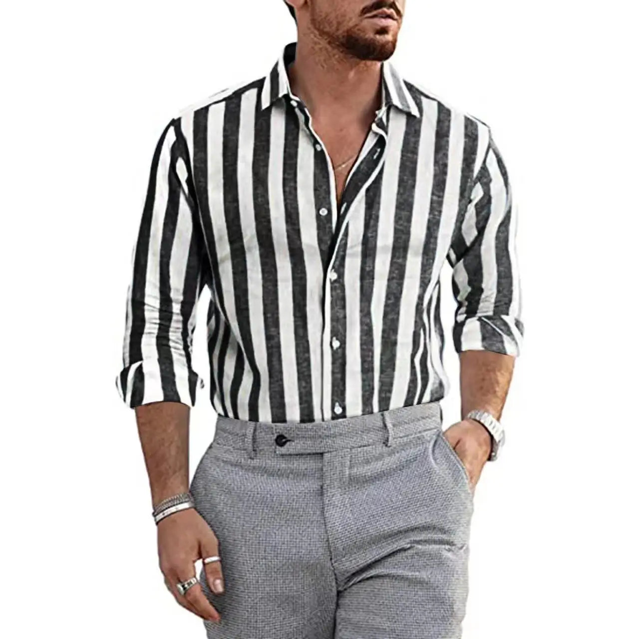 Stripe Shirts Casual Mens Clothing Summer Autumn Linen Cotton Long Sleeve T Shirts for Man