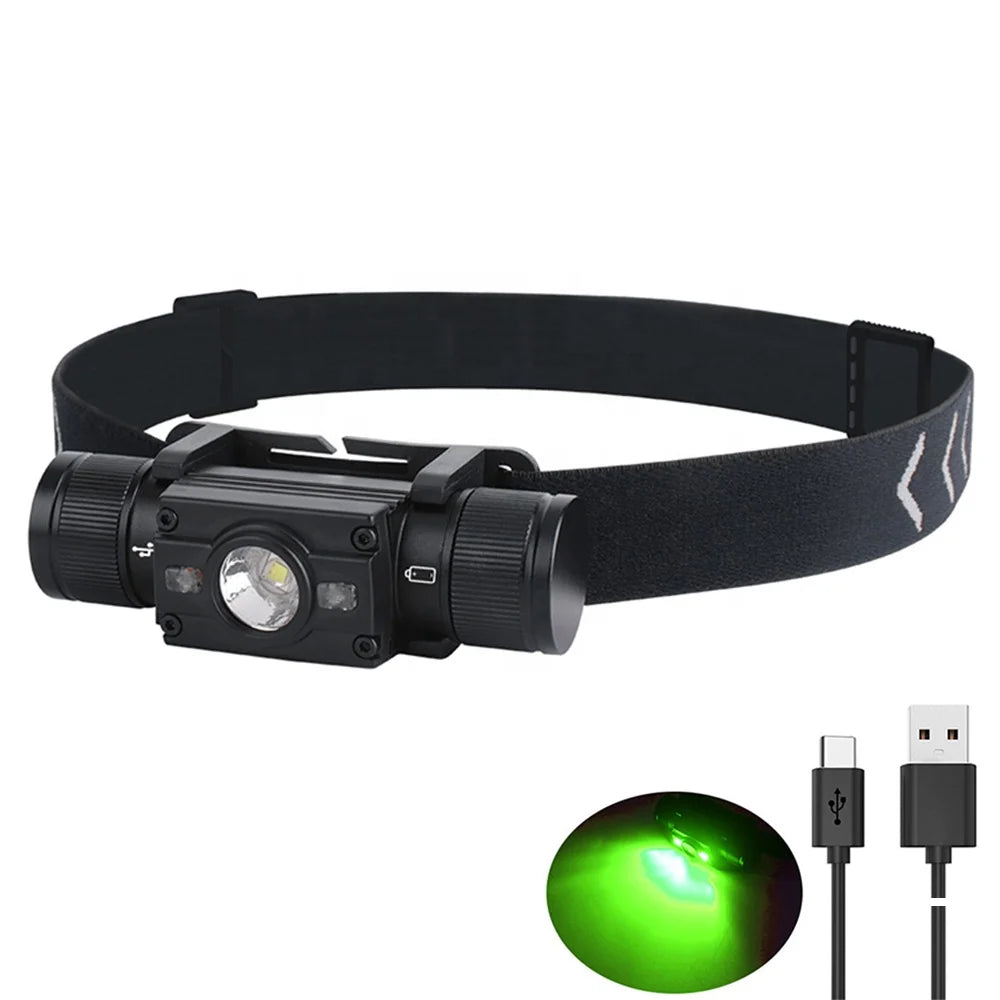 BORUiT Top Selling White Green Light LED Headlamp 2000lm Waterproof Lantern USB C Rechargeable LED Headtorch for Camping Hunting