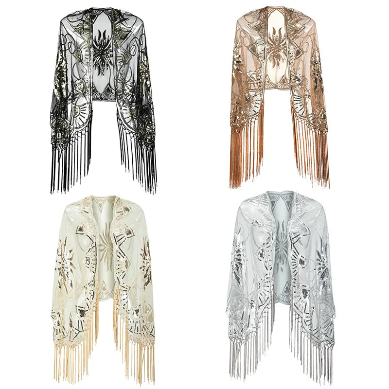 Women's 1920s Scarf Wraps Sequin Deco Fringed Wedding Cape Evening Shawl Vintage Prom