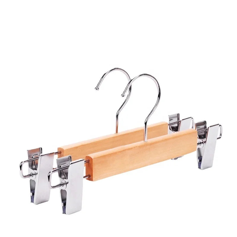 Wholesale High Quality Heavy Duty Anti Slip Wooden Trousers Hangers with Smooth Metal Clips for Bathroom Use Single Tier