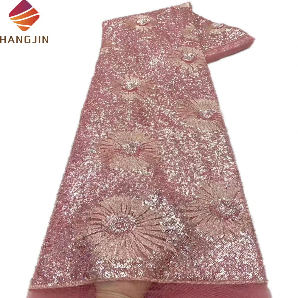 Pink High Quality African Laces With Sequence Luxury 3D Floral Embroidery Nigeria Beaded Lace Fabric for Wedding Evening Dress